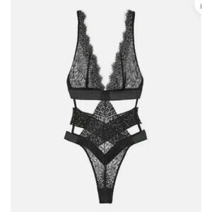 Victoria’s Secret Very Sexy Plunge Teddy Black and Sheer Lace Bodysuit Lingerie